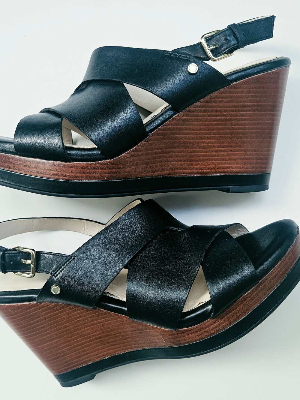 Cole Haan Laci Sz9B Black Leather Crisscross Wood Plat Wedge Ankle Strap Sandals